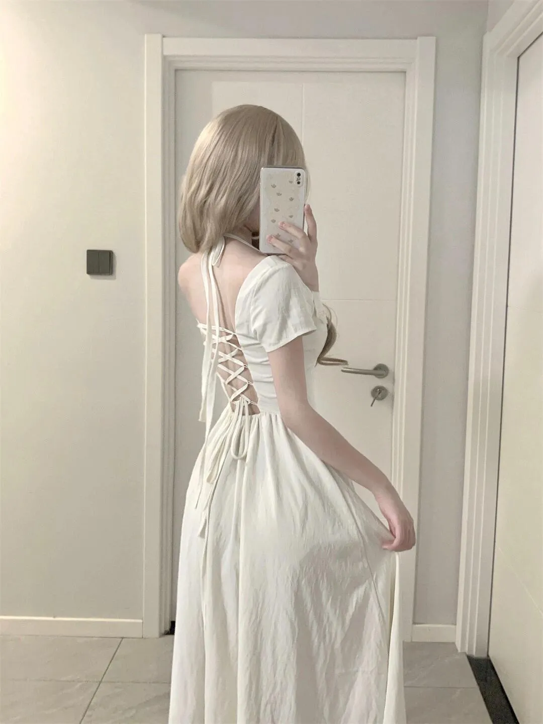 Elegant long white dress with white straps