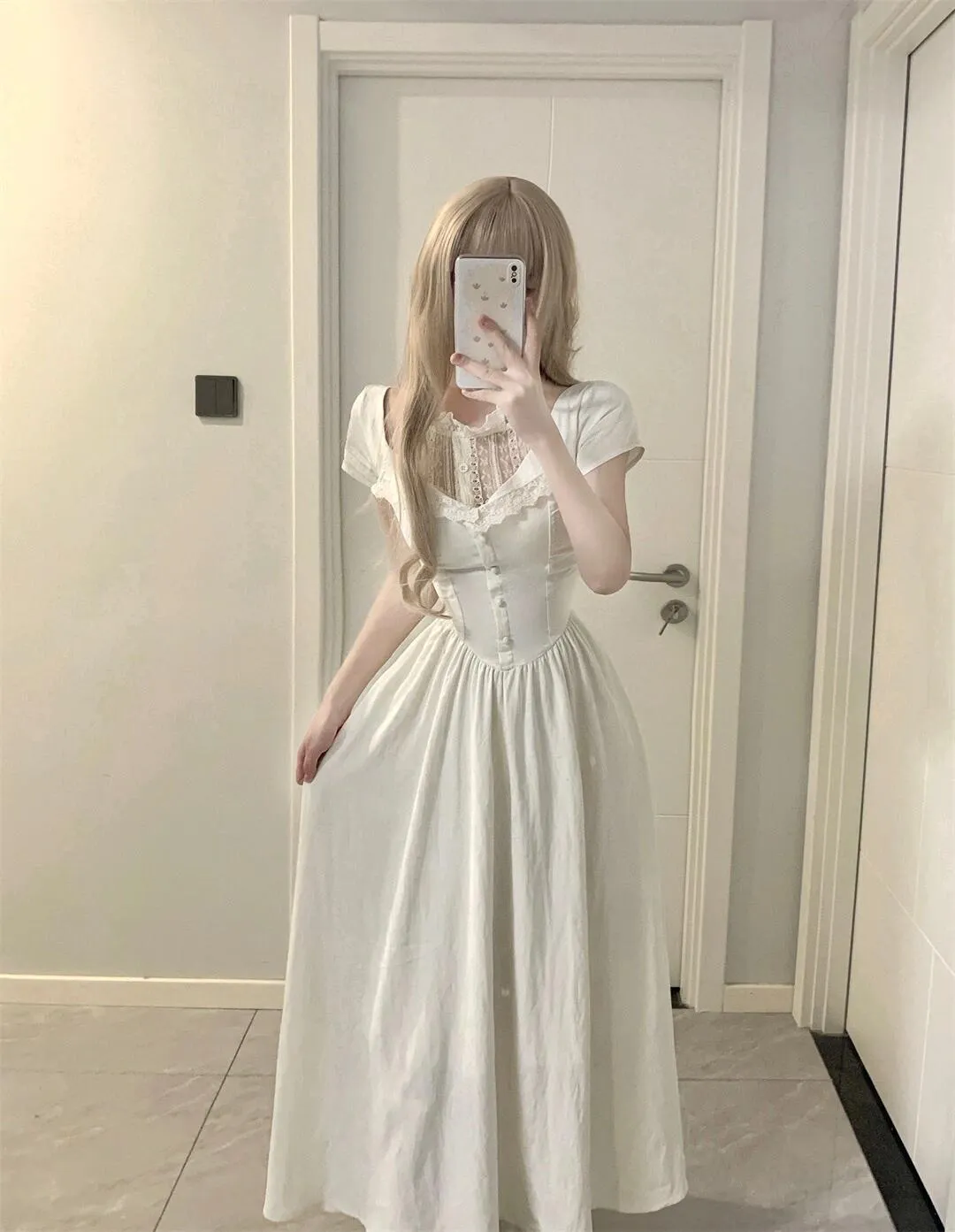 Elegant long white dress with white straps