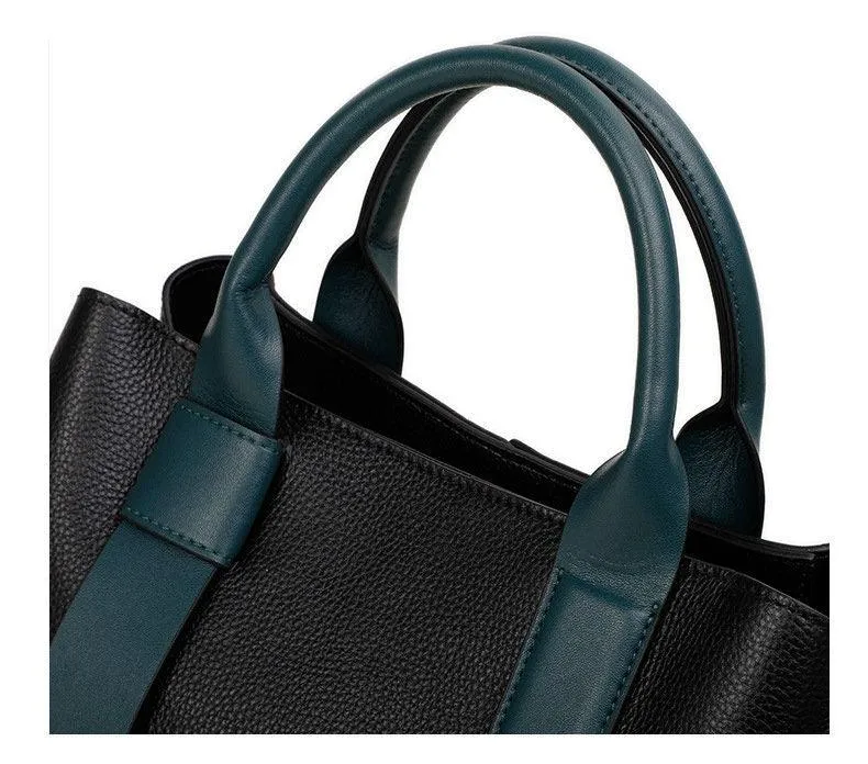 Fashion Leather Tote, Leather Shoulder Bag, Soft Leather Handbag, Birthday Gift for Her, Black and Green