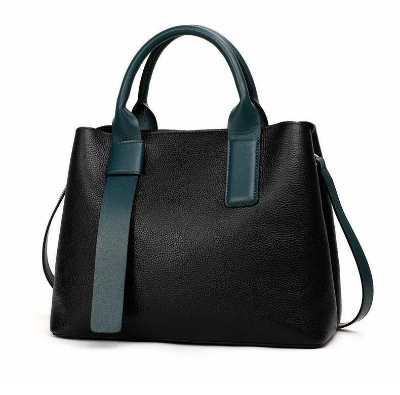 Fashion Leather Tote, Leather Shoulder Bag, Soft Leather Handbag, Birthday Gift for Her, Black and Green