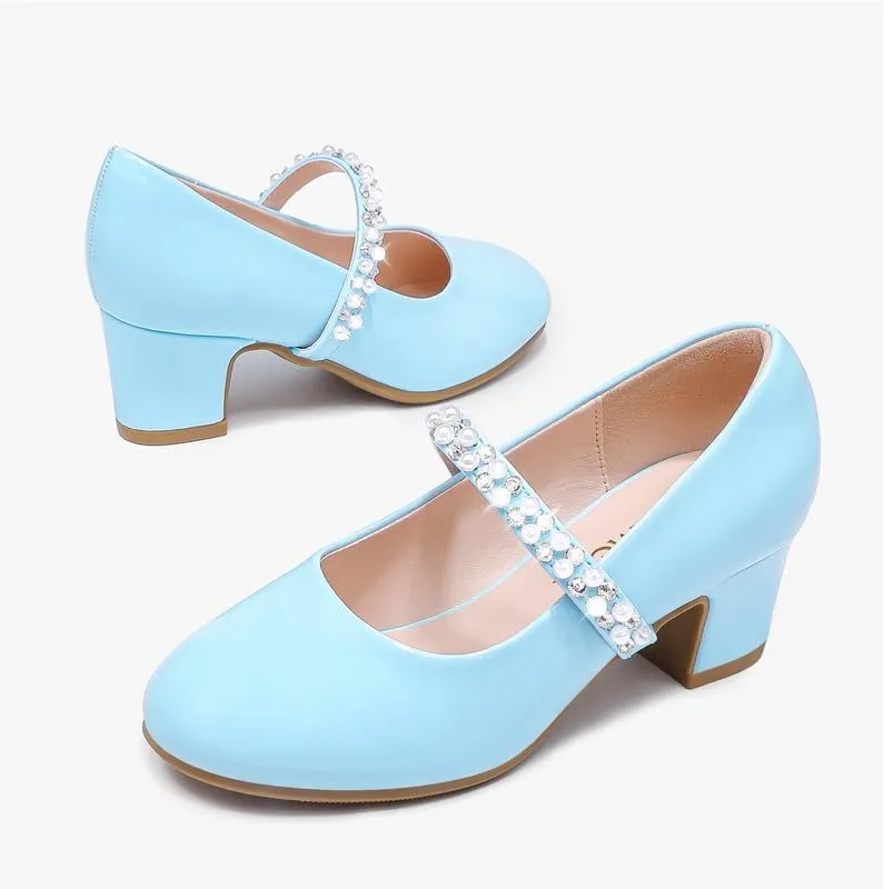 Flower Girl Shoes Kids High Heels Mary Jane Flats Cute Pearl Rhinestones Girls Dress Pumps Shoes for Church Wedding Party Little Big Kids
