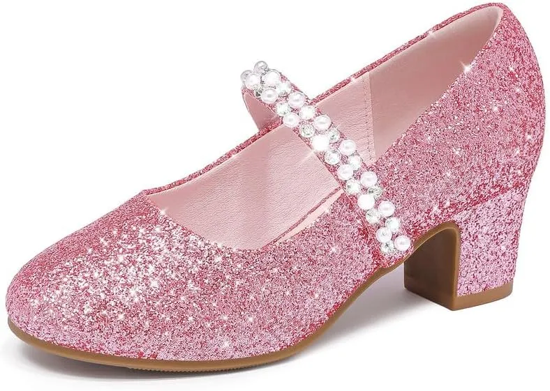 Flower Girl Shoes Kids High Heels Mary Jane Flats Cute Pearl Rhinestones Girls Dress Pumps Shoes for Church Wedding Party Little Big Kids