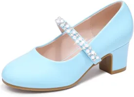 Flower Girl Shoes Kids High Heels Mary Jane Flats Cute Pearl Rhinestones Girls Dress Pumps Shoes for Church Wedding Party Little Big Kids