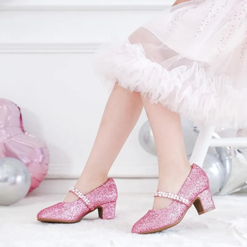 Flower Girl Shoes Kids High Heels Mary Jane Flats Cute Pearl Rhinestones Girls Dress Pumps Shoes for Church Wedding Party Little Big Kids