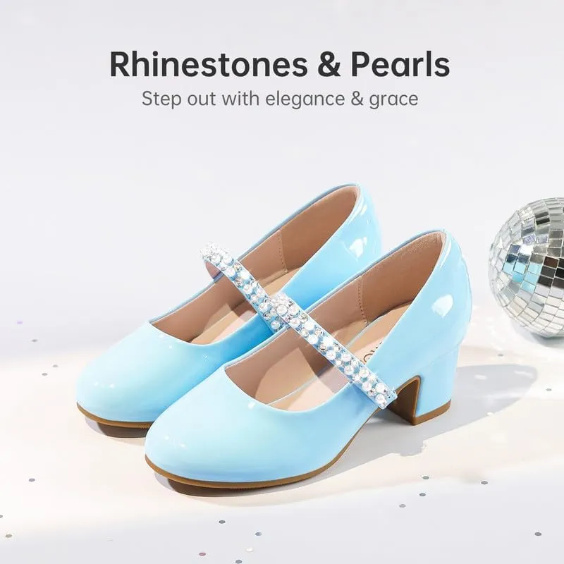 Flower Girl Shoes Kids High Heels Mary Jane Flats Cute Pearl Rhinestones Girls Dress Pumps Shoes for Church Wedding Party Little Big Kids