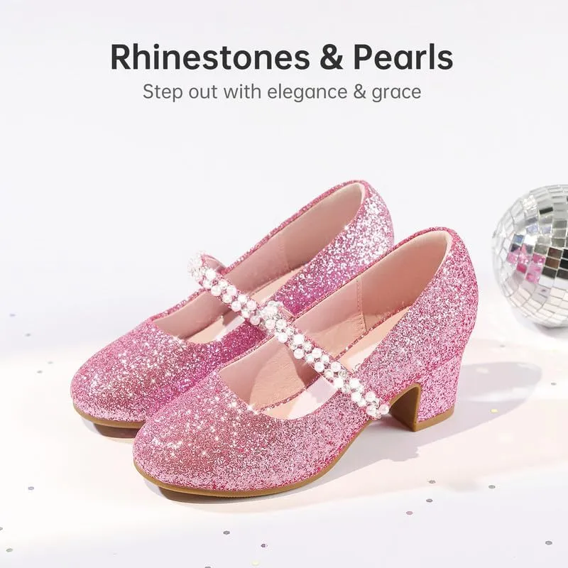 Flower Girl Shoes Kids High Heels Mary Jane Flats Cute Pearl Rhinestones Girls Dress Pumps Shoes for Church Wedding Party Little Big Kids