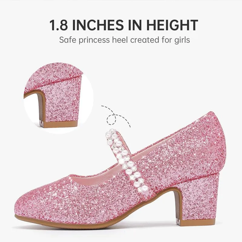 Flower Girl Shoes Kids High Heels Mary Jane Flats Cute Pearl Rhinestones Girls Dress Pumps Shoes for Church Wedding Party Little Big Kids
