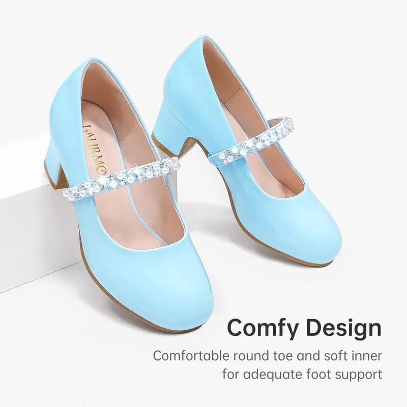 Flower Girl Shoes Kids High Heels Mary Jane Flats Cute Pearl Rhinestones Girls Dress Pumps Shoes for Church Wedding Party Little Big Kids
