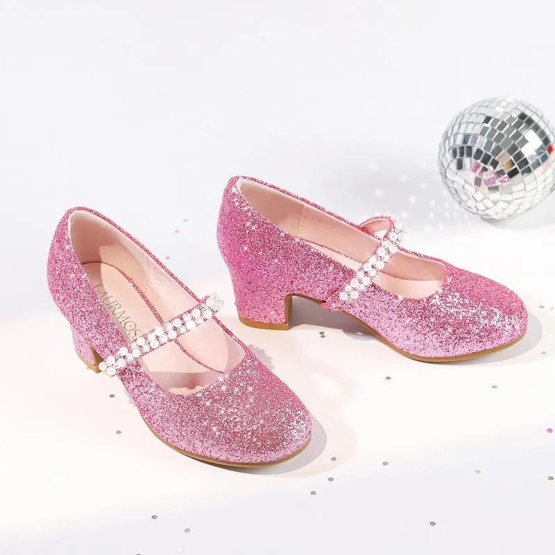 Flower Girl Shoes Kids High Heels Mary Jane Flats Cute Pearl Rhinestones Girls Dress Pumps Shoes for Church Wedding Party Little Big Kids