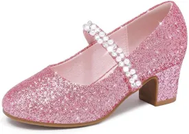 Flower Girl Shoes Kids High Heels Mary Jane Flats Cute Pearl Rhinestones Girls Dress Pumps Shoes for Church Wedding Party Little Big Kids