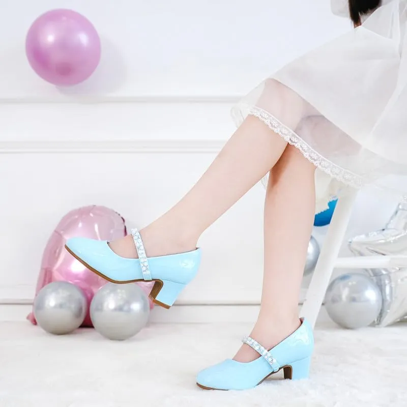 Flower Girl Shoes Kids High Heels Mary Jane Flats Cute Pearl Rhinestones Girls Dress Pumps Shoes for Church Wedding Party Little Big Kids