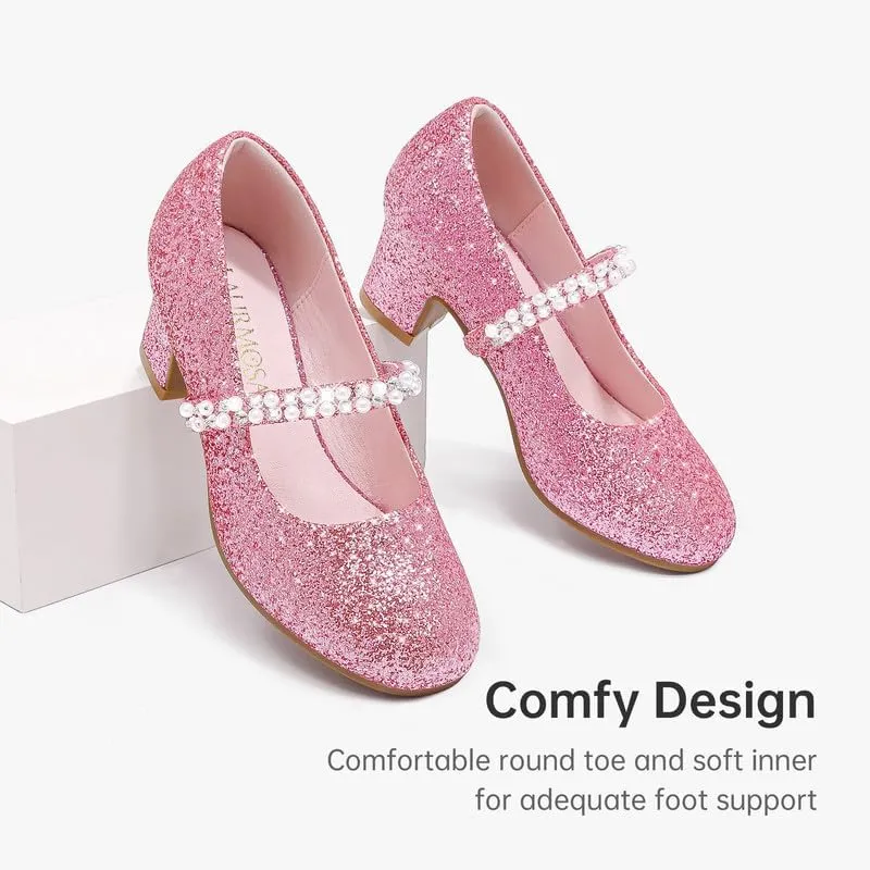 Flower Girl Shoes Kids High Heels Mary Jane Flats Cute Pearl Rhinestones Girls Dress Pumps Shoes for Church Wedding Party Little Big Kids