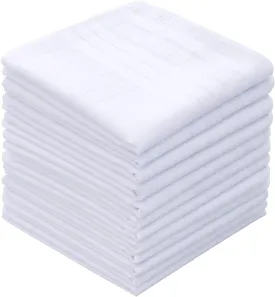 GB Men's Handkerchiefs 100% Cotton Solid White with Stripe Large Classic Hankies Bulk Set