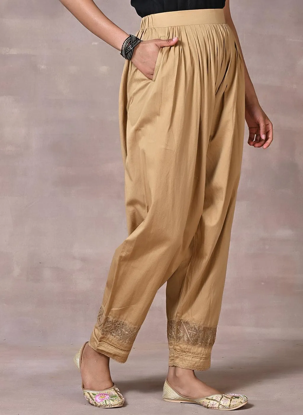 Gold Pleated Salwar with Lace Detailing and Mesh Hem