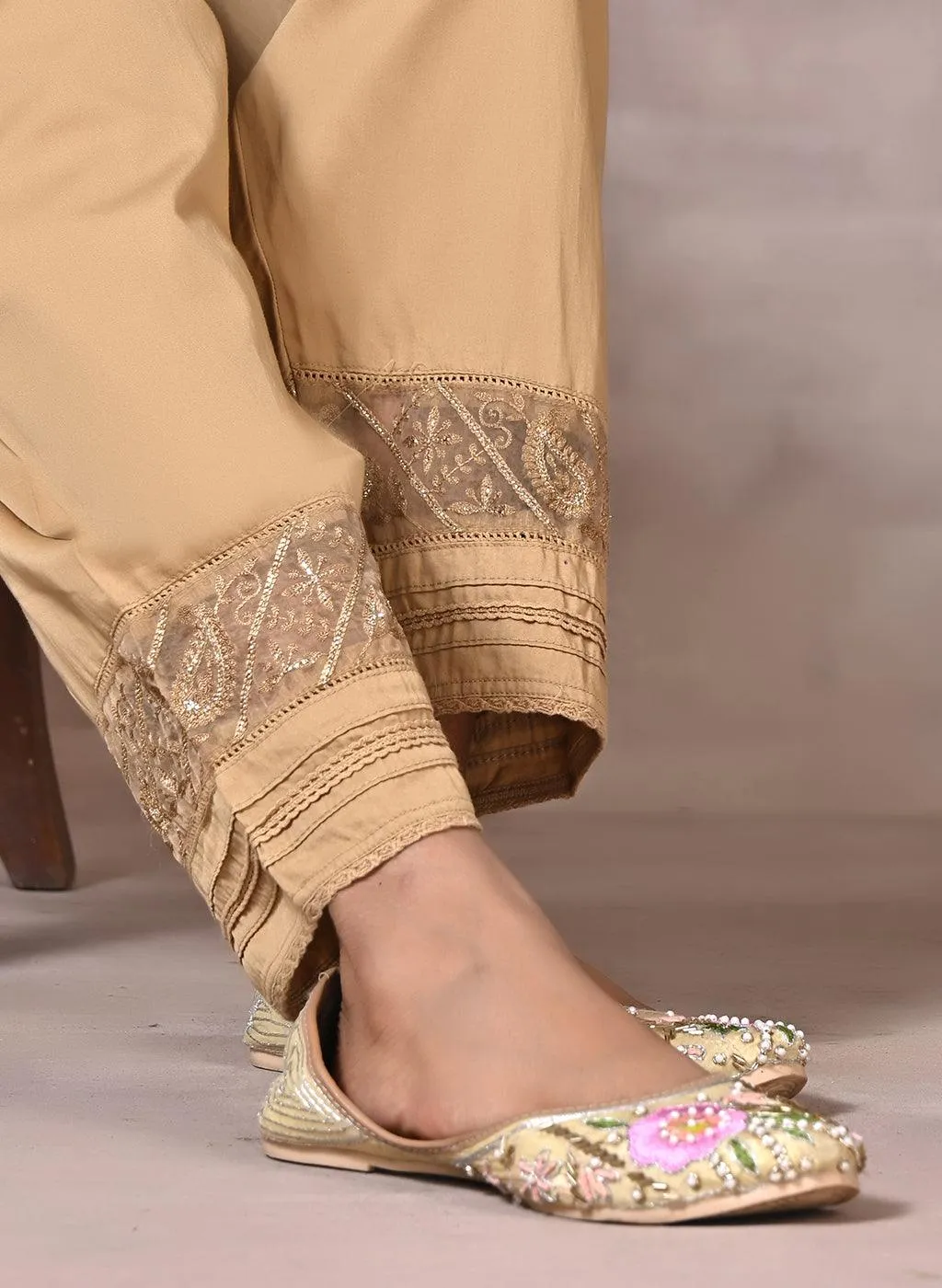 Gold Pleated Salwar with Lace Detailing and Mesh Hem