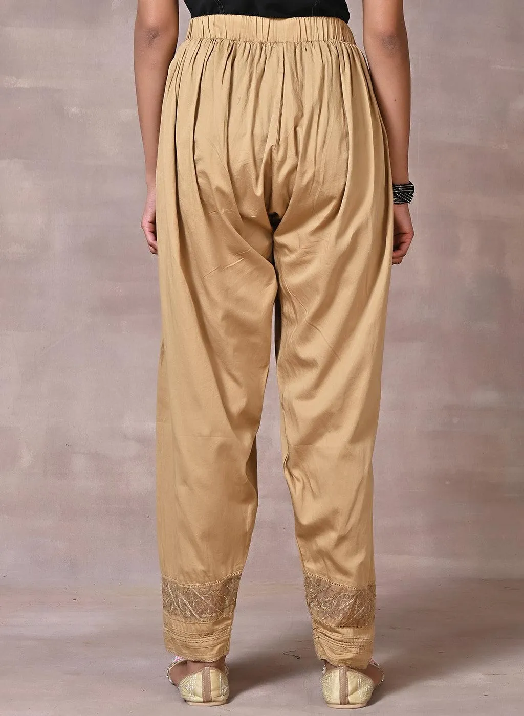 Gold Pleated Salwar with Lace Detailing and Mesh Hem