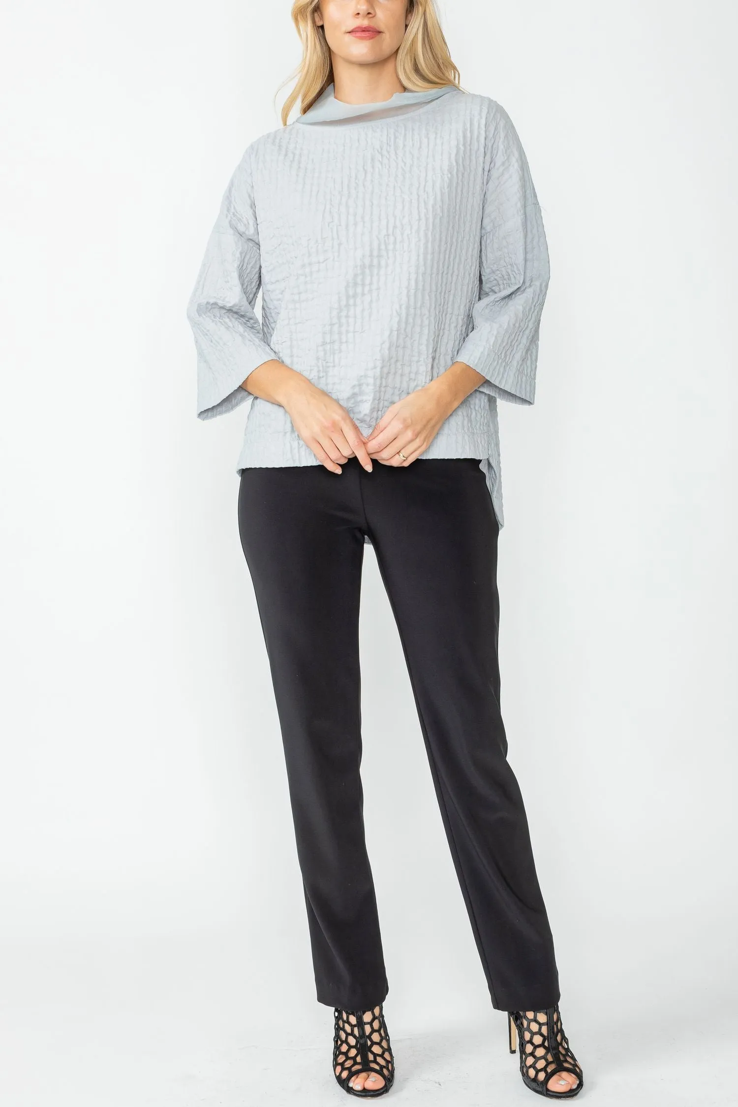 Gray Organza Stand Collar Back Pleats Button Detail Top