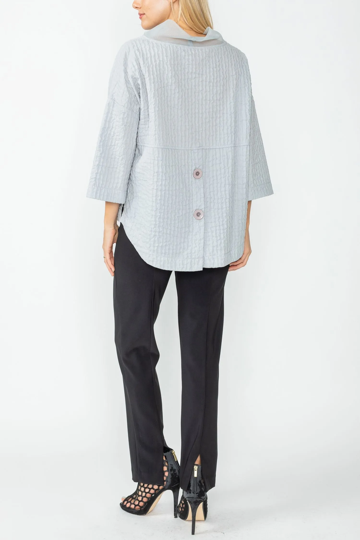 Gray Organza Stand Collar Back Pleats Button Detail Top