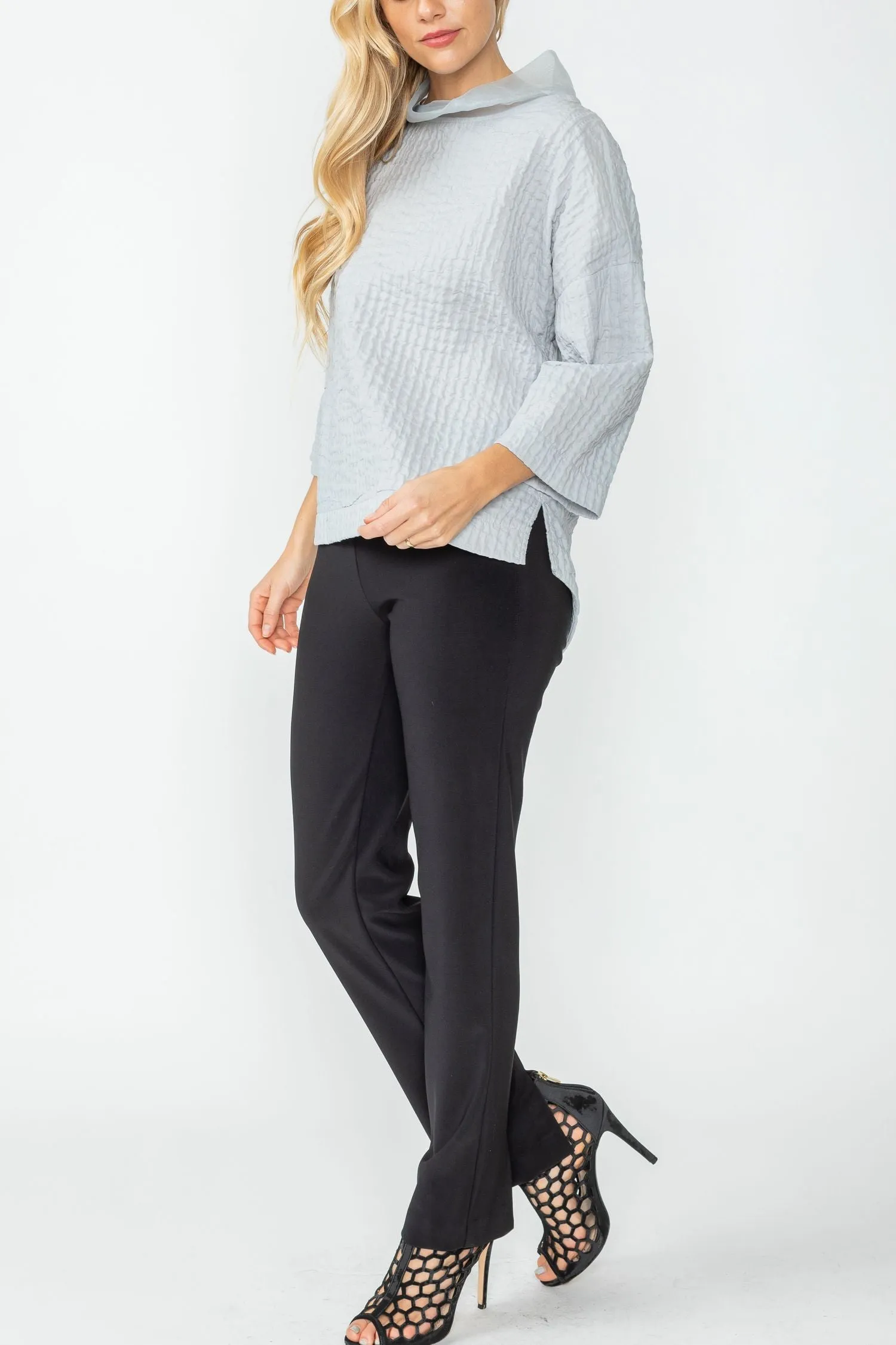 Gray Organza Stand Collar Back Pleats Button Detail Top