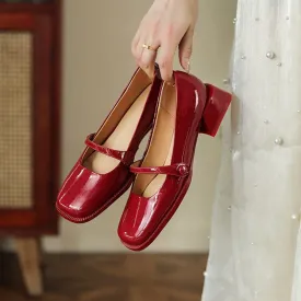 Handmade Patent Leather Mary Jane Pumps Block Heel Office Shoes in Red/Black