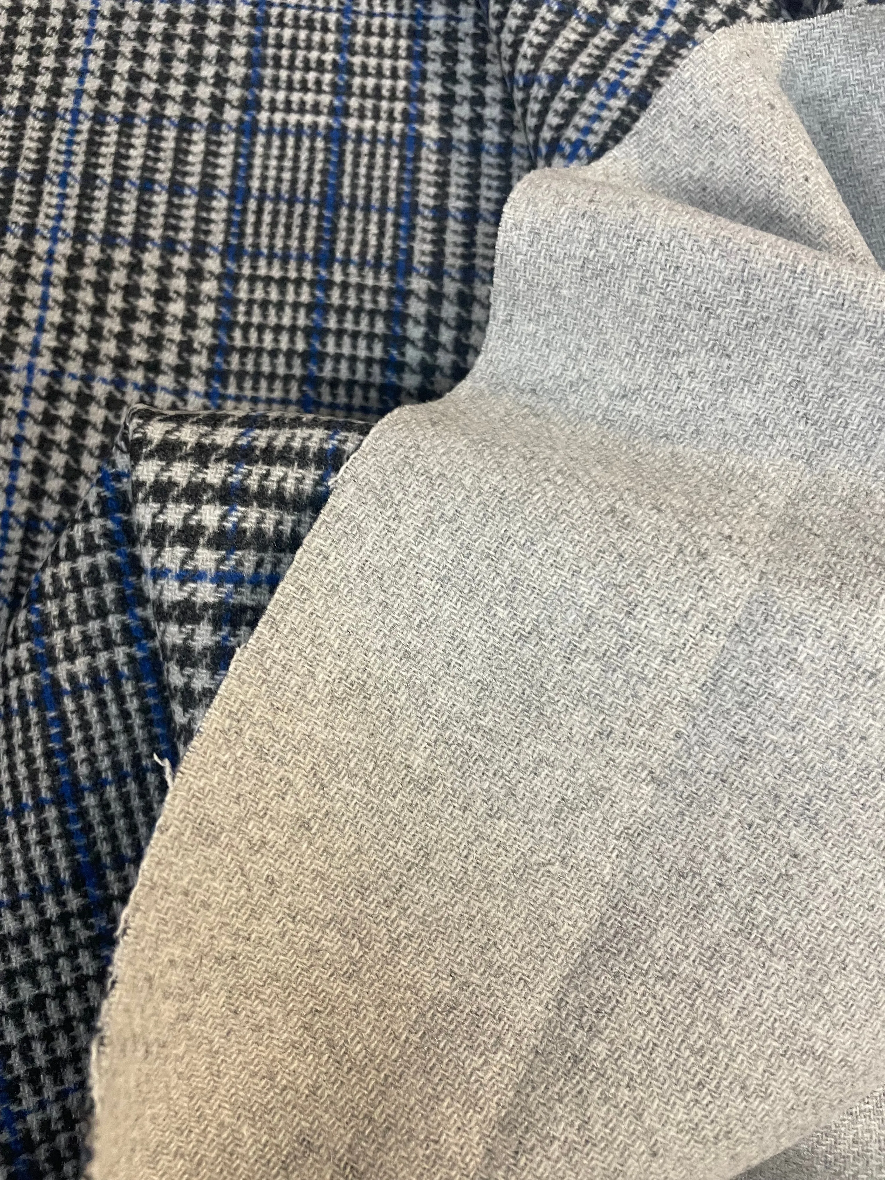 Italian Double Face Melton Wool - Houndstooth Plaid & Heathered Light Gray