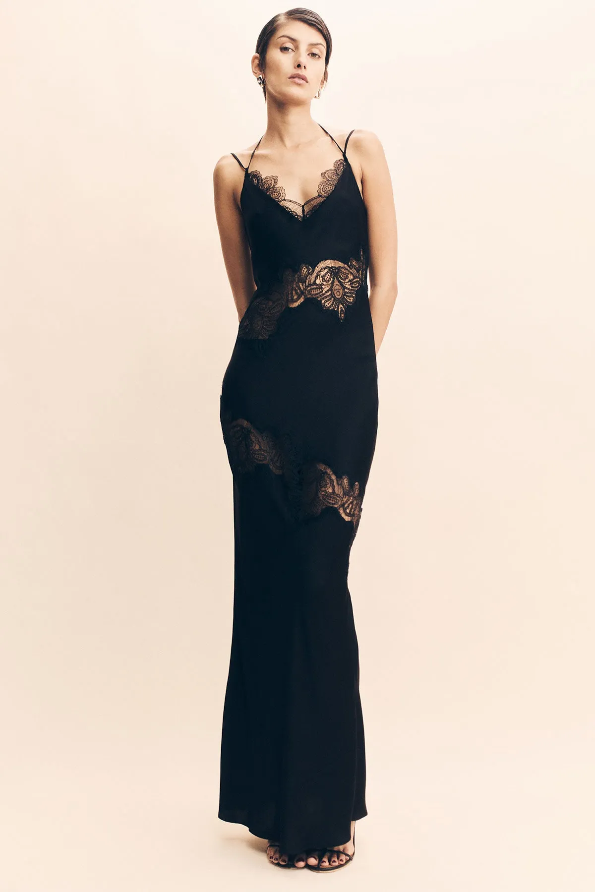 JAMILA LACE PANELLED MAXI DRESS - BLACK