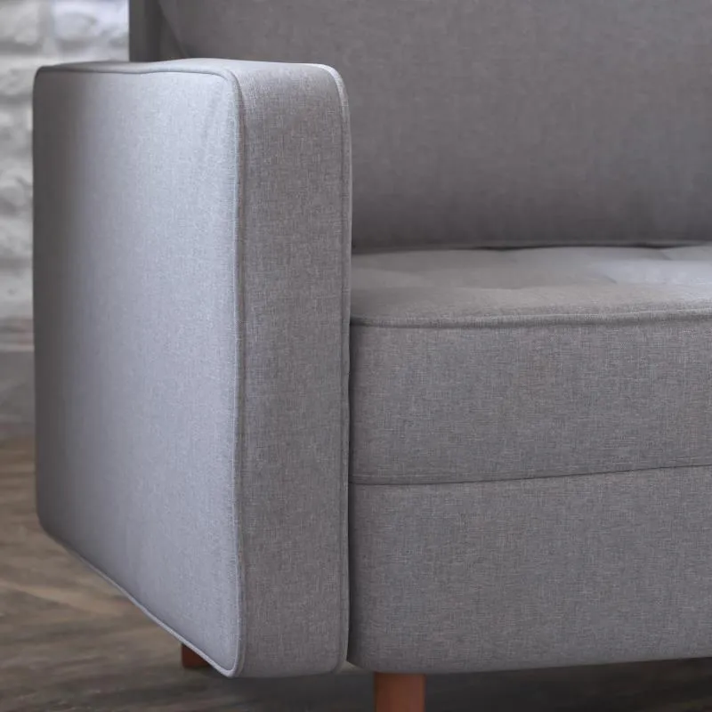Luigi Mid-Century Modern Armchair with Tufted Light Gray Faux Linen Upholstery Wood Leg