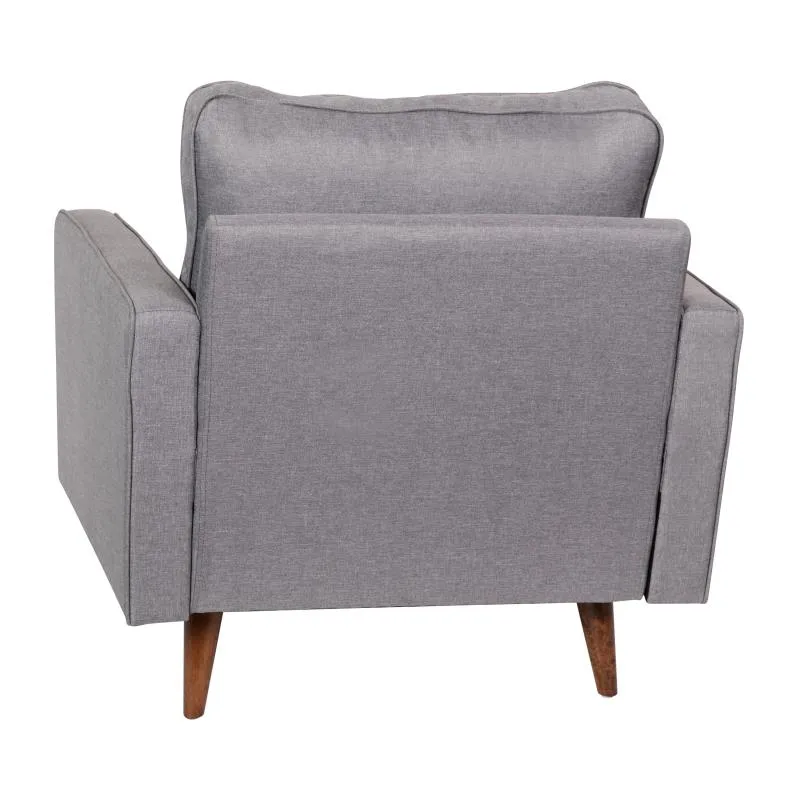 Luigi Mid-Century Modern Armchair with Tufted Light Gray Faux Linen Upholstery Wood Leg