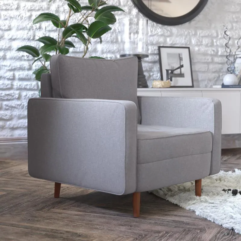 Luigi Mid-Century Modern Armchair with Tufted Light Gray Faux Linen Upholstery Wood Leg