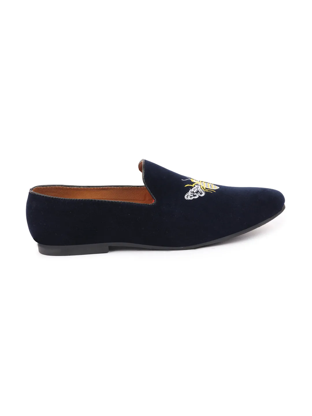 Men Blue Velvet Bee Print Embroidery Slip On Party Loafers