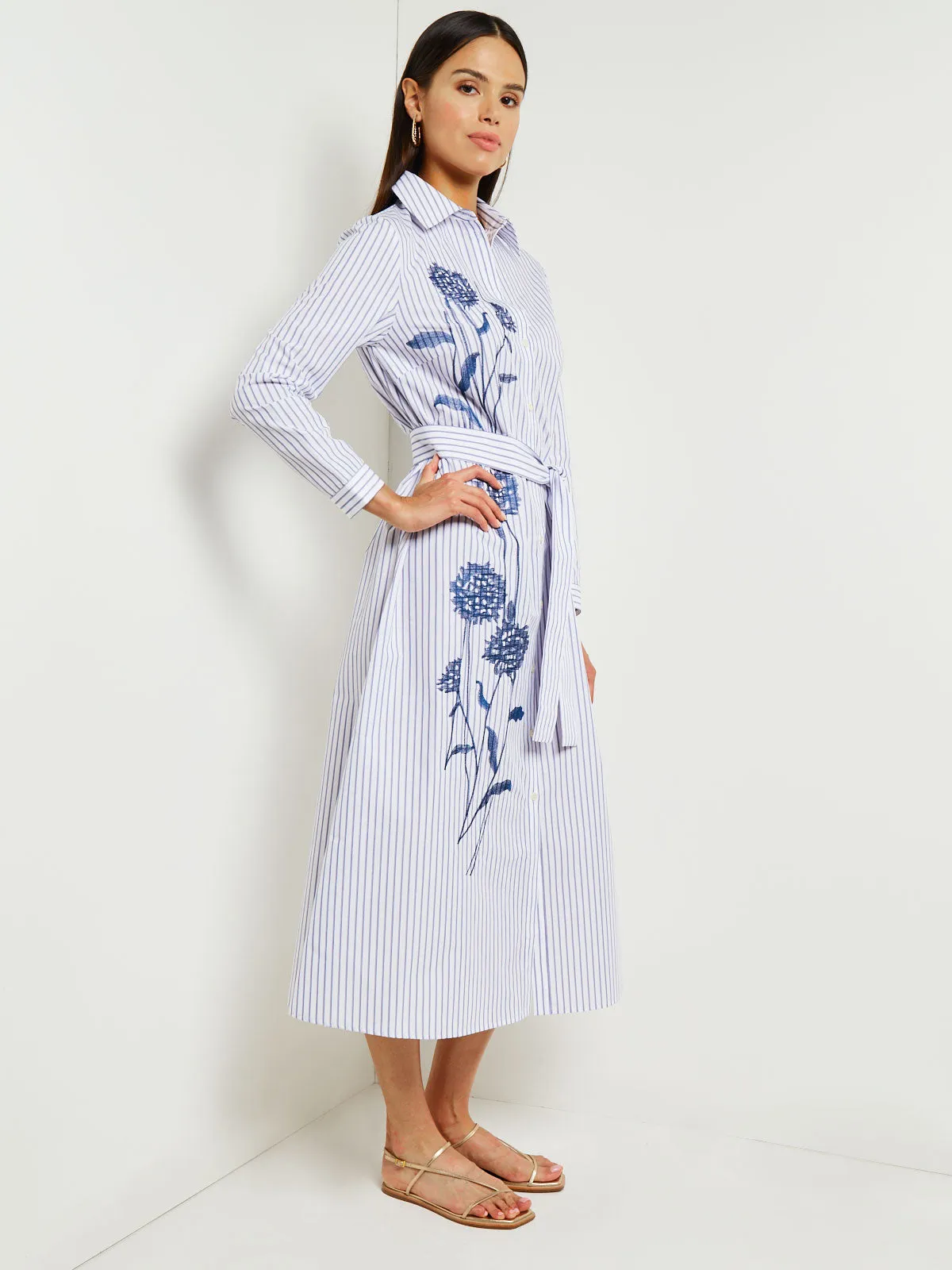 Midi A-Line Shirtdress - Embroidered Cotton Blend