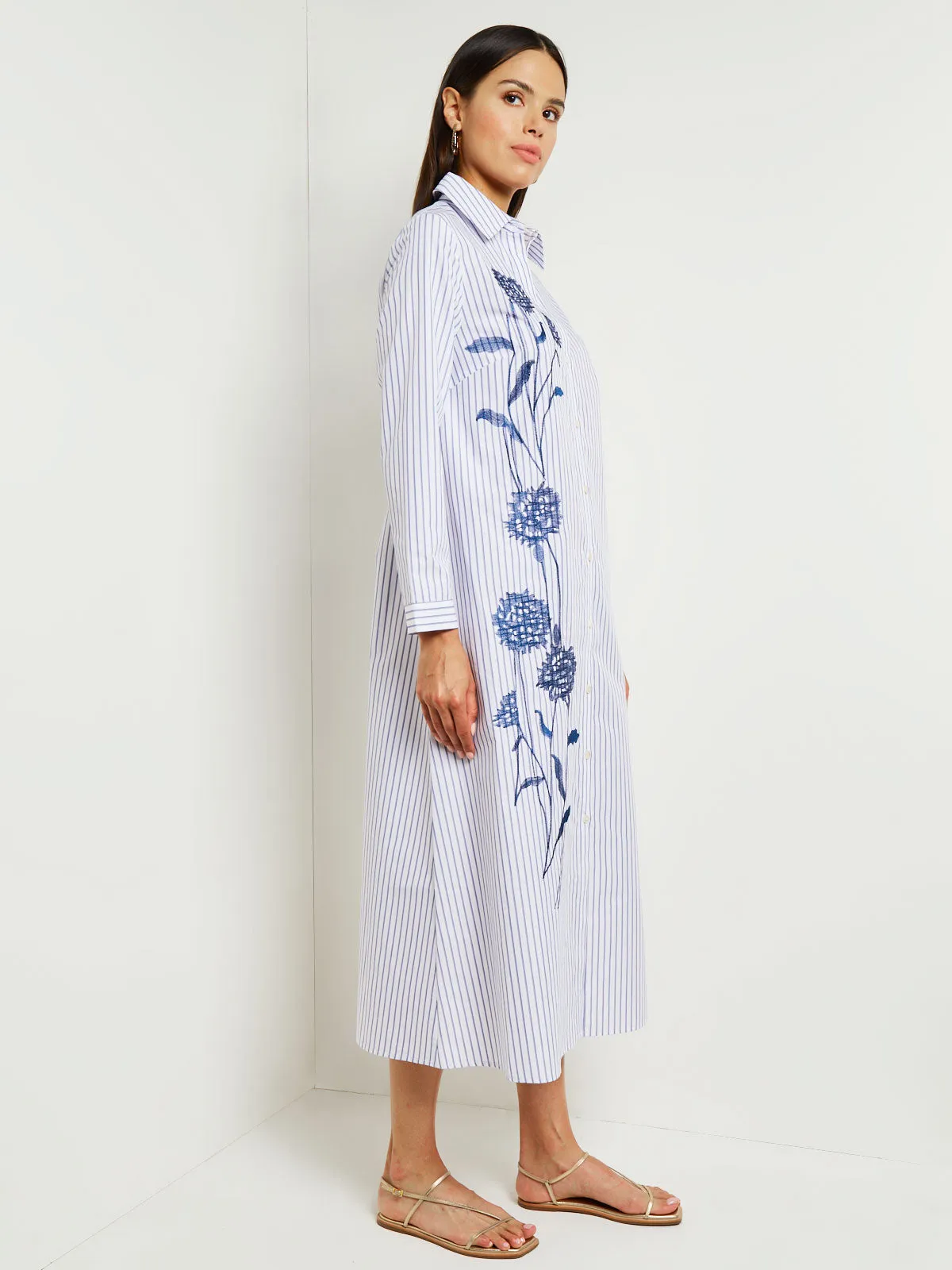 Midi A-Line Shirtdress - Embroidered Cotton Blend