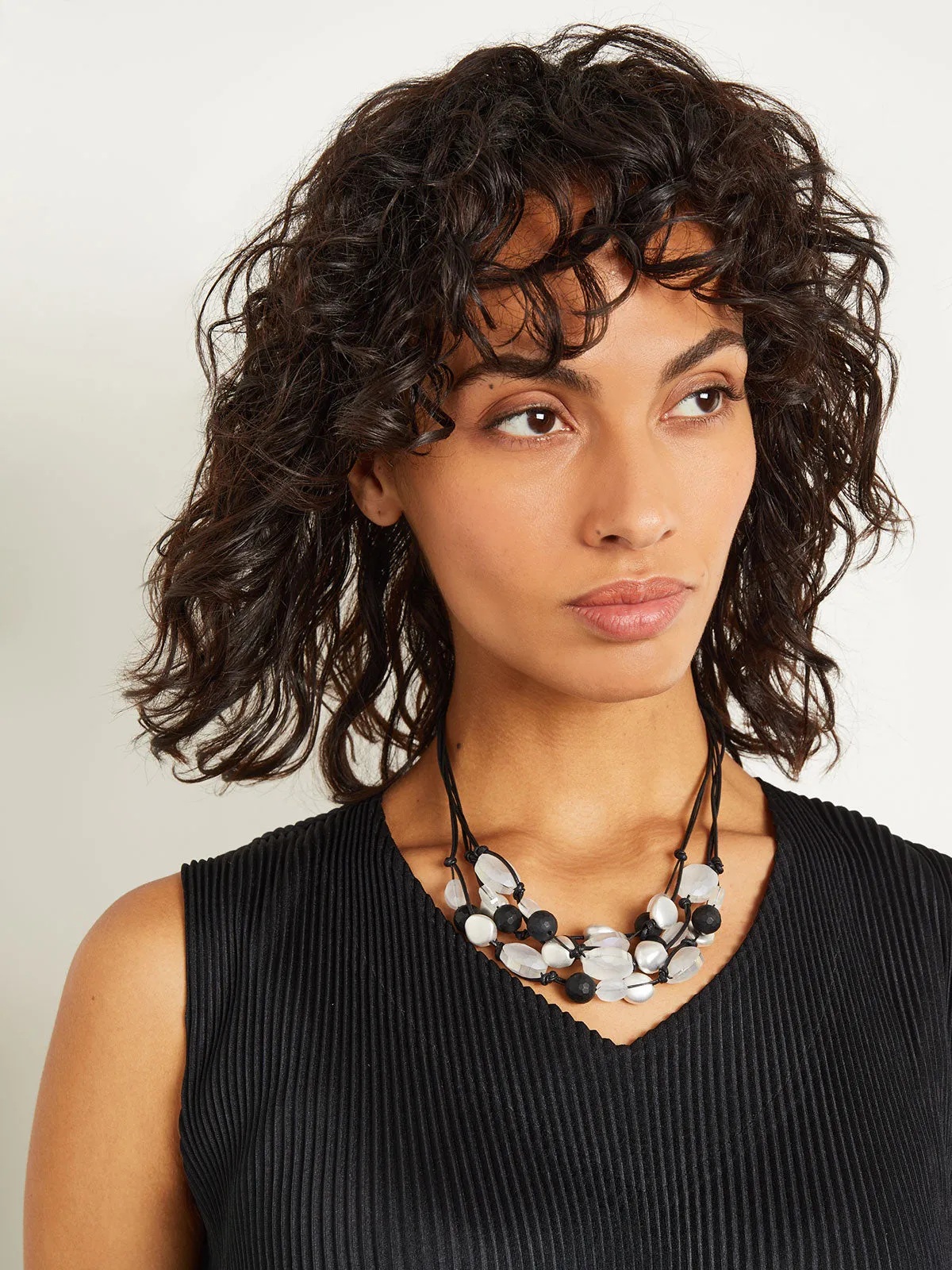 Multi-Cord Matte Black & White Crystal Necklace