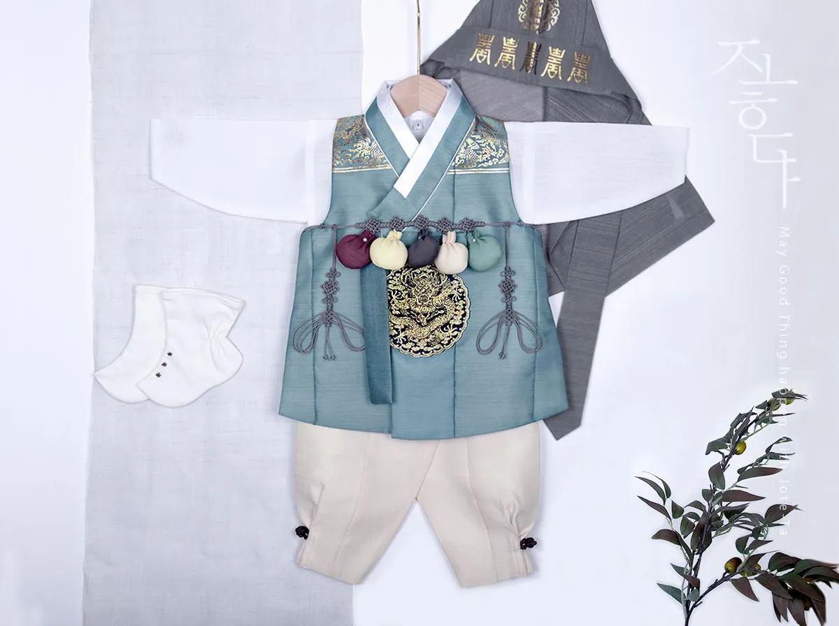 Noble Dragon Embroidery Baby Boy Hanbok in Teal