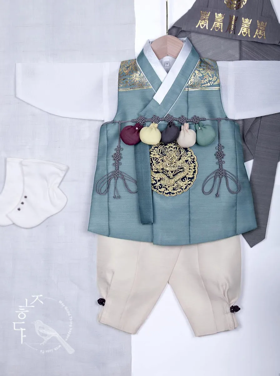 Noble Dragon Embroidery Baby Boy Hanbok in Teal