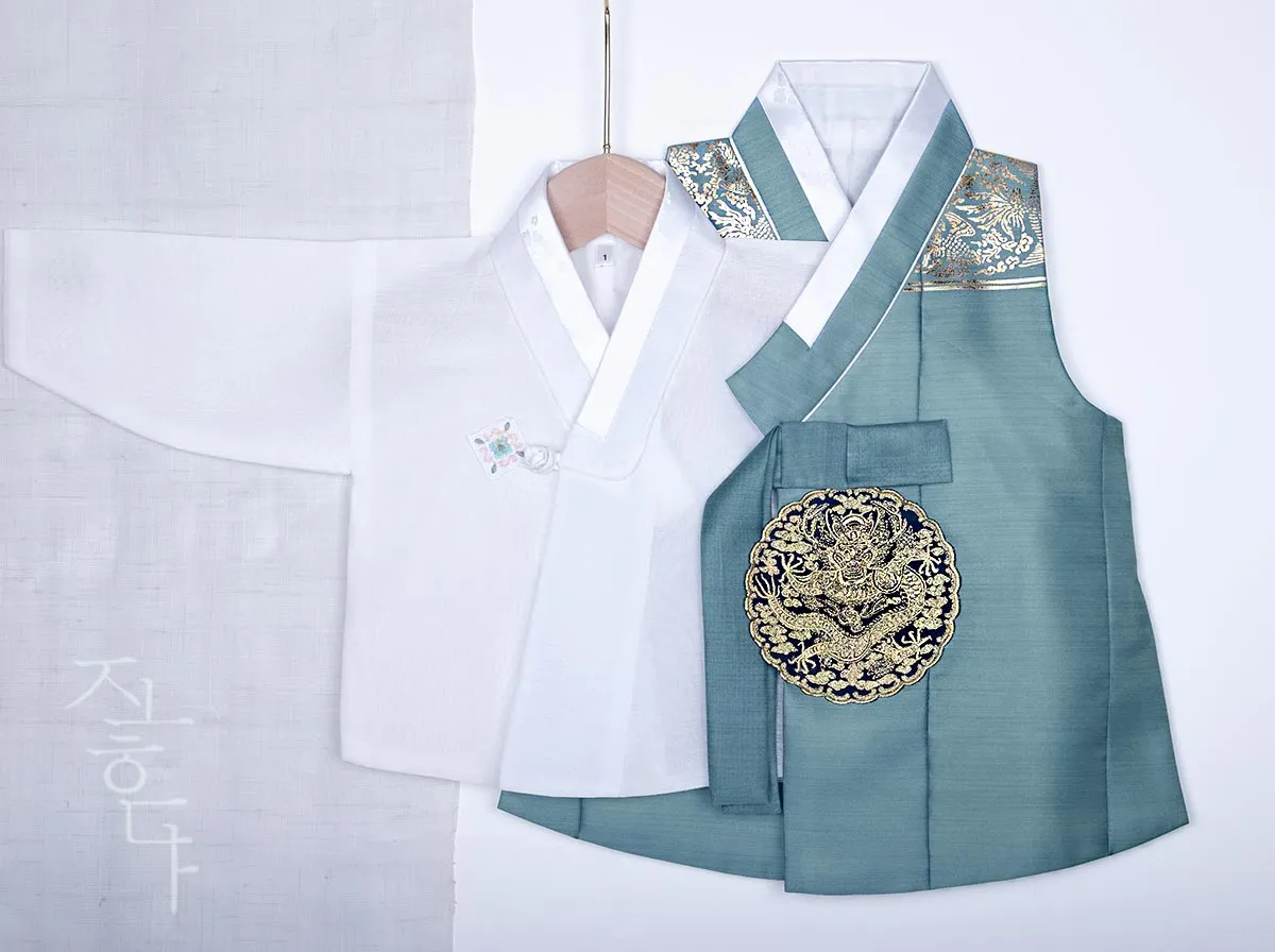 Noble Dragon Embroidery Baby Boy Hanbok in Teal
