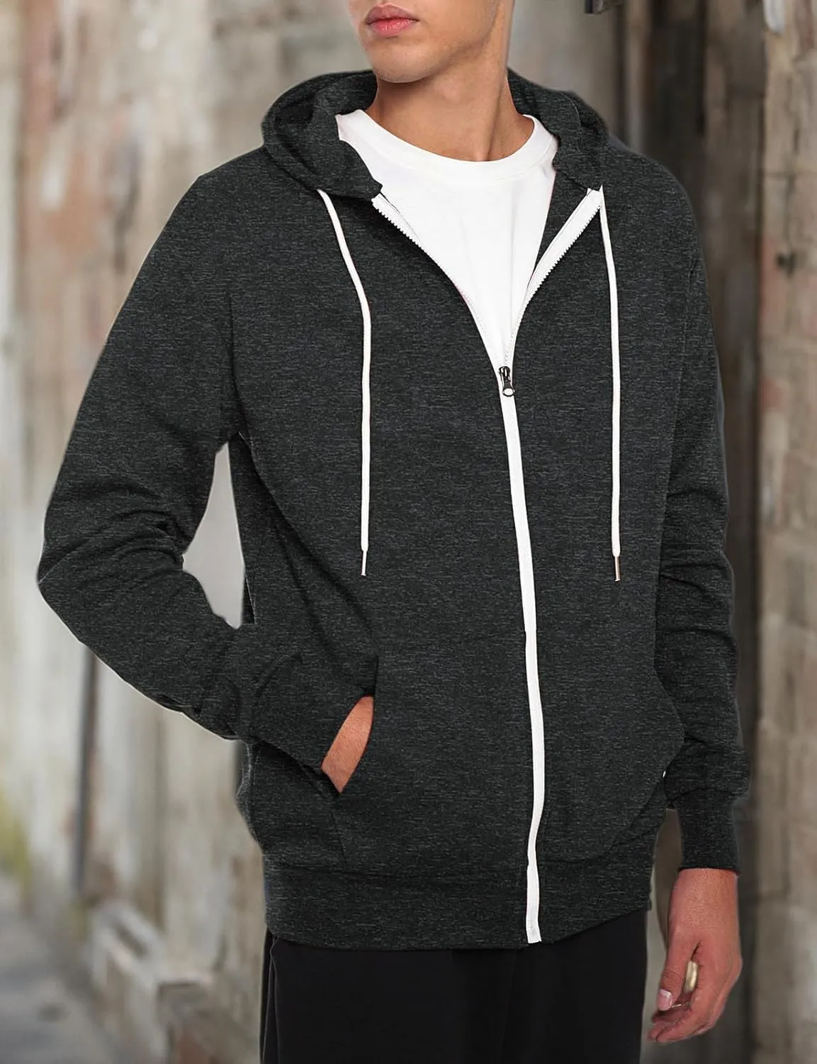 Ohoo Mens Slim Fit Zip Up Hoodies Sweatshirt Lightweight Long Sleeve with Kanga Pocket