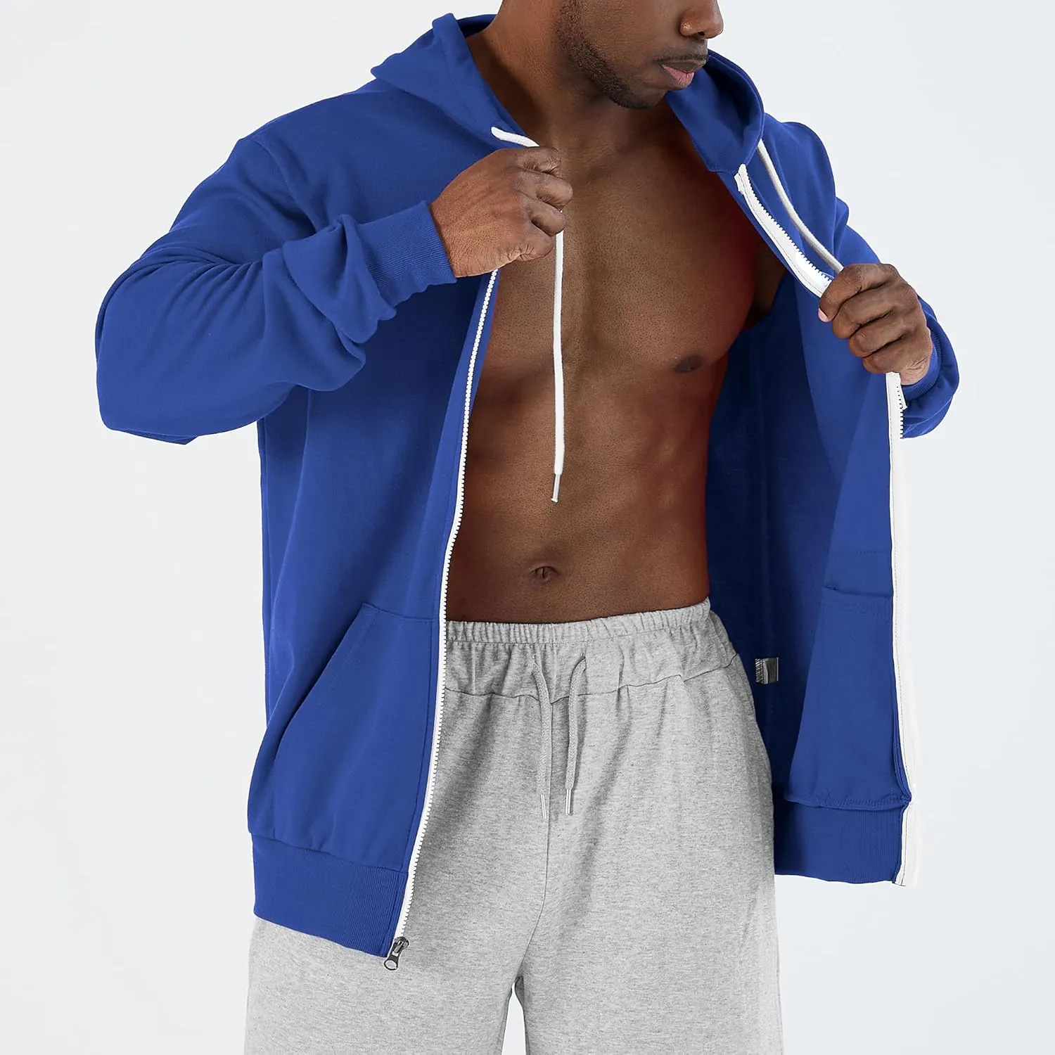 Ohoo Mens Slim Fit Zip Up Hoodies Sweatshirt Lightweight Long Sleeve with Kanga Pocket