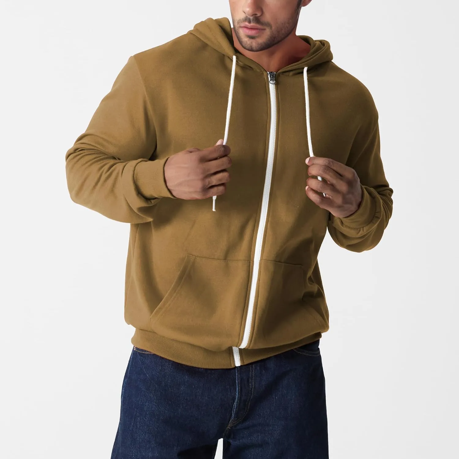 Ohoo Mens Slim Fit Zip Up Hoodies Sweatshirt Lightweight Long Sleeve with Kanga Pocket