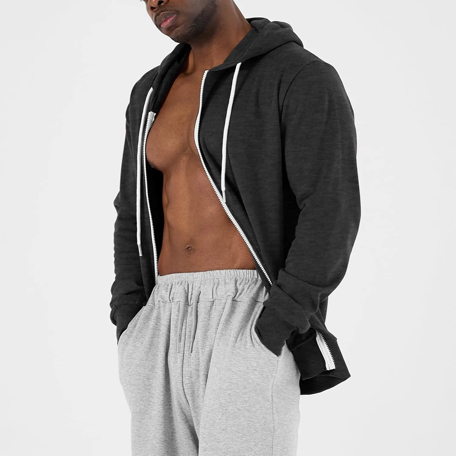 Ohoo Mens Slim Fit Zip Up Hoodies Sweatshirt Lightweight Long Sleeve with Kanga Pocket