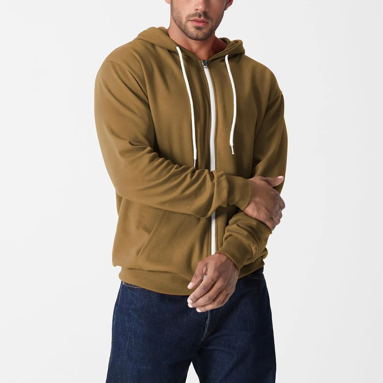 Ohoo Mens Slim Fit Zip Up Hoodies Sweatshirt Lightweight Long Sleeve with Kanga Pocket