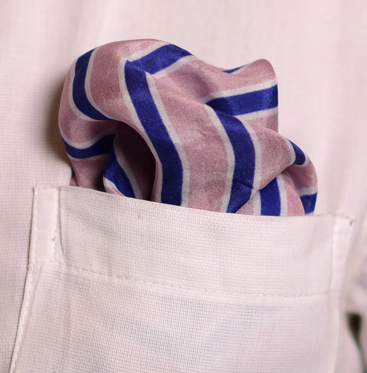 Peach And Blue Geometric Printed Pure Silk Pocket Square.