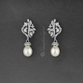 Pearl CZ Earring Drops with Marquise Vine Design