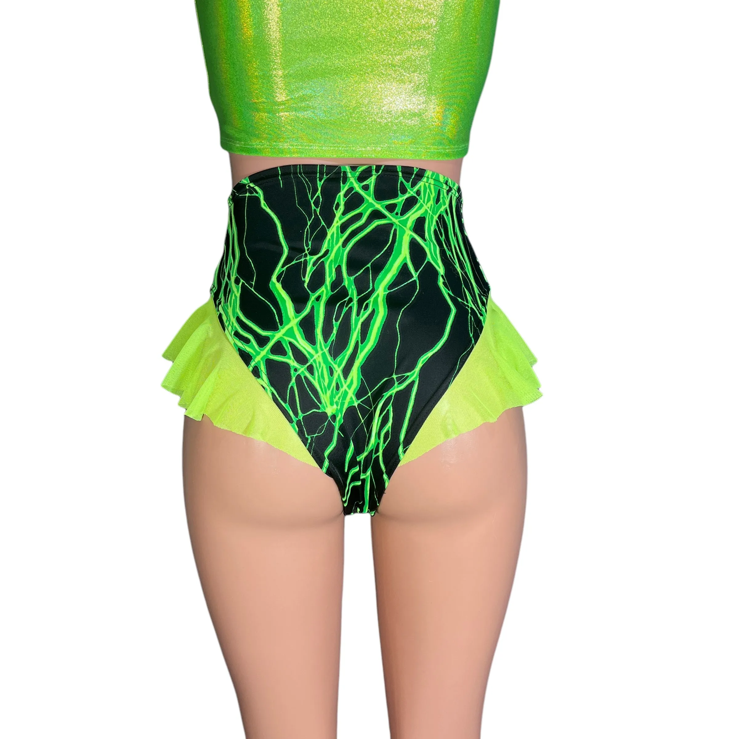 Ruffle Hot Pants High-Waisted Cheeky Bikini in Green Lightning
