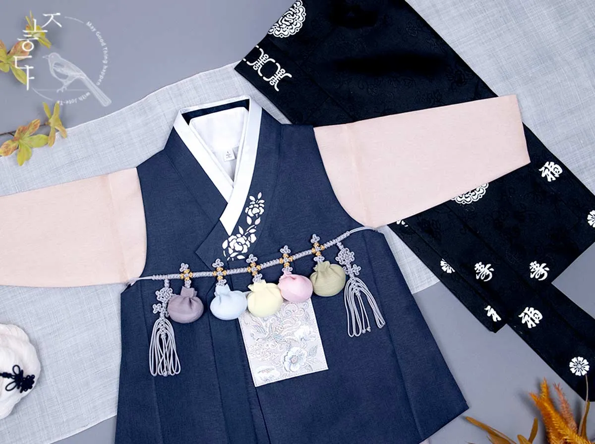 Silver Foiled Flower on a Collar Baby Boy Hanbok in Navy