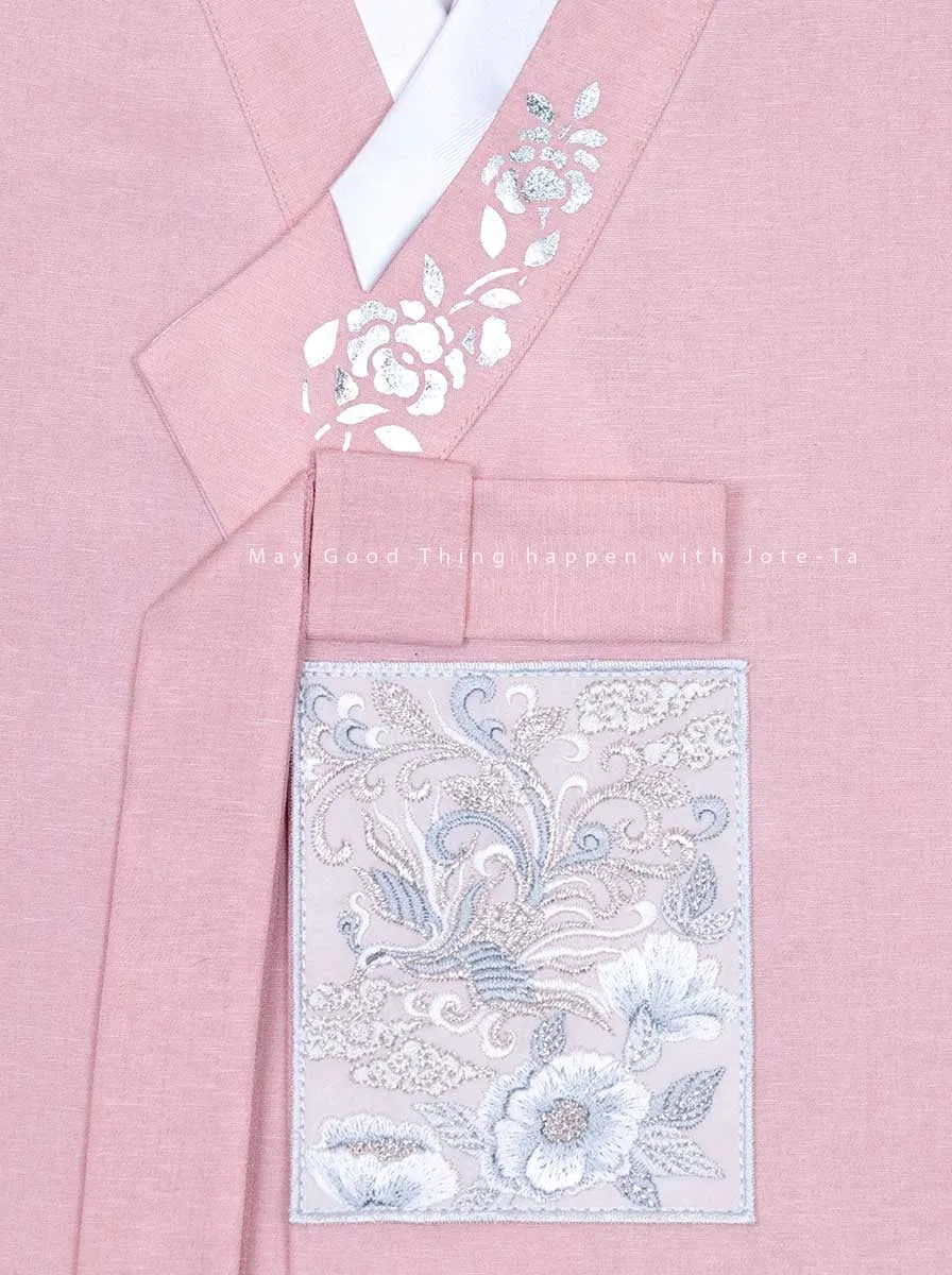 Silver Foiled Flower on a Collar Baby Boy Hanbok in Pink