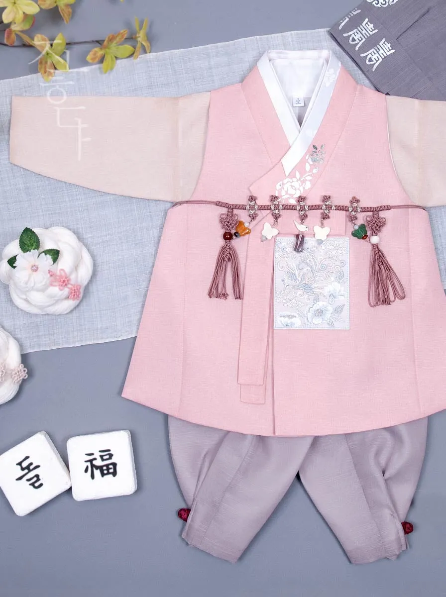 Silver Foiled Flower on a Collar Baby Boy Hanbok in Pink