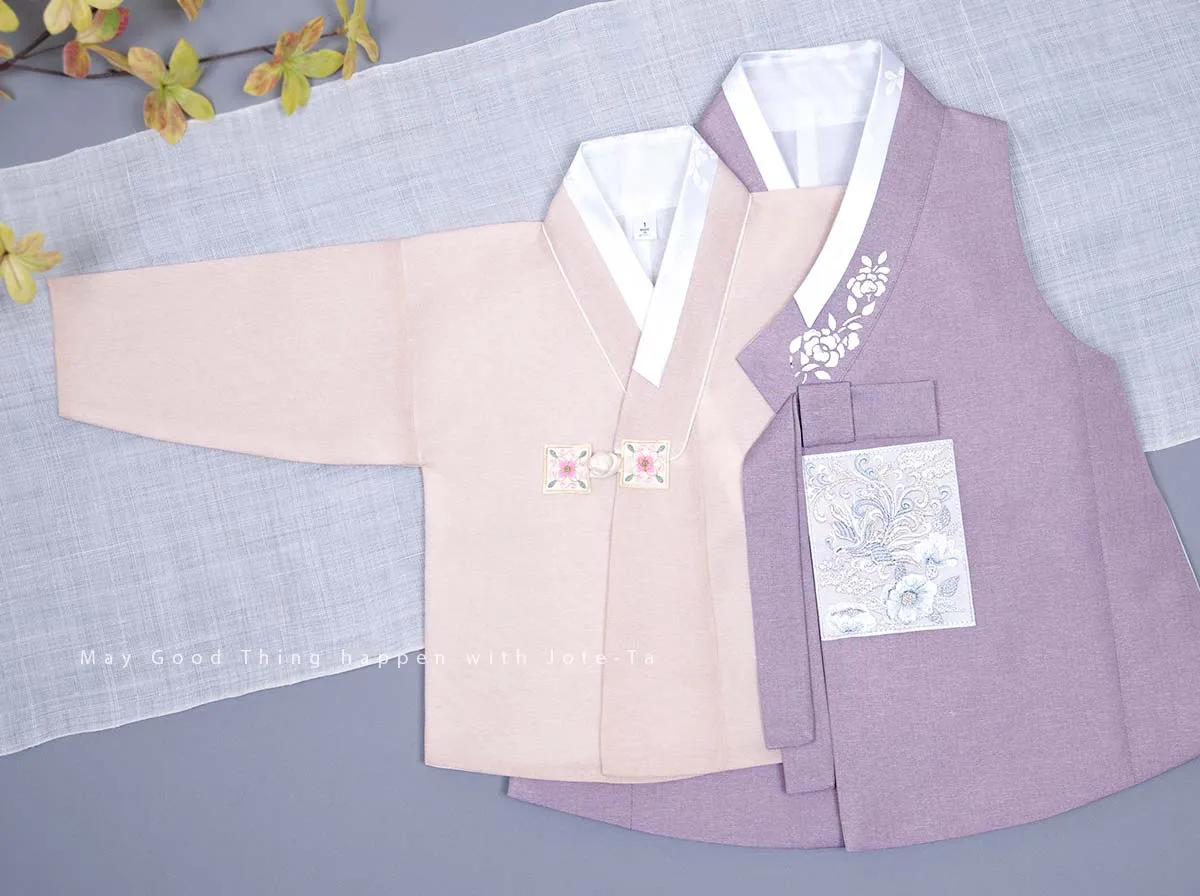 Silver Foiled Flower on a Collar Baby Boy Hanbok in Purple