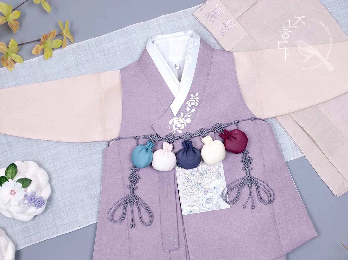 Silver Foiled Flower on a Collar Baby Boy Hanbok in Purple