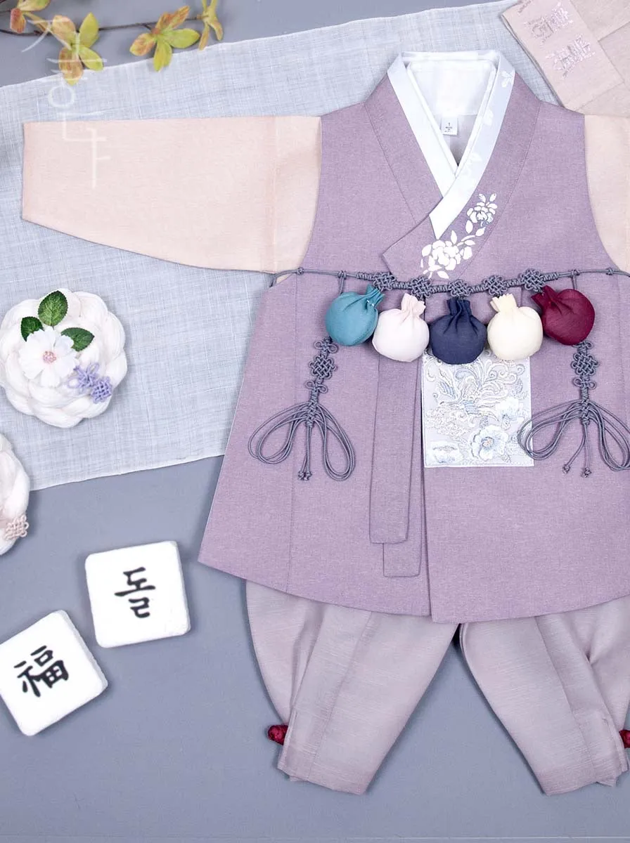 Silver Foiled Flower on a Collar Baby Boy Hanbok in Purple